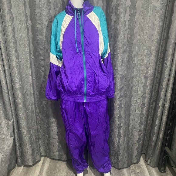 Milano Sport Vtg Windbreaker Tracksuit Jogging Set 1980's L Purple Teal MINT - Picture 1 of 10
